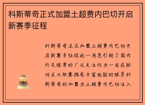 科斯蒂奇正式加盟土超费内巴切开启新赛季征程