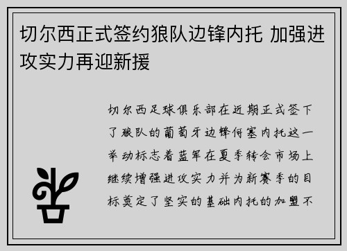 切尔西正式签约狼队边锋内托 加强进攻实力再迎新援 切尔西正式签约狼队边锋内托 加强进攻实力再迎新援